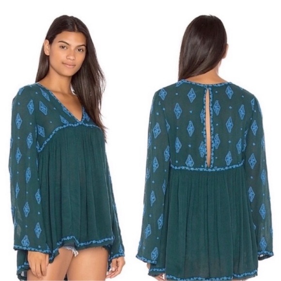 Free People green/blue diamond embroidered tunic S - Picture 12 of 13